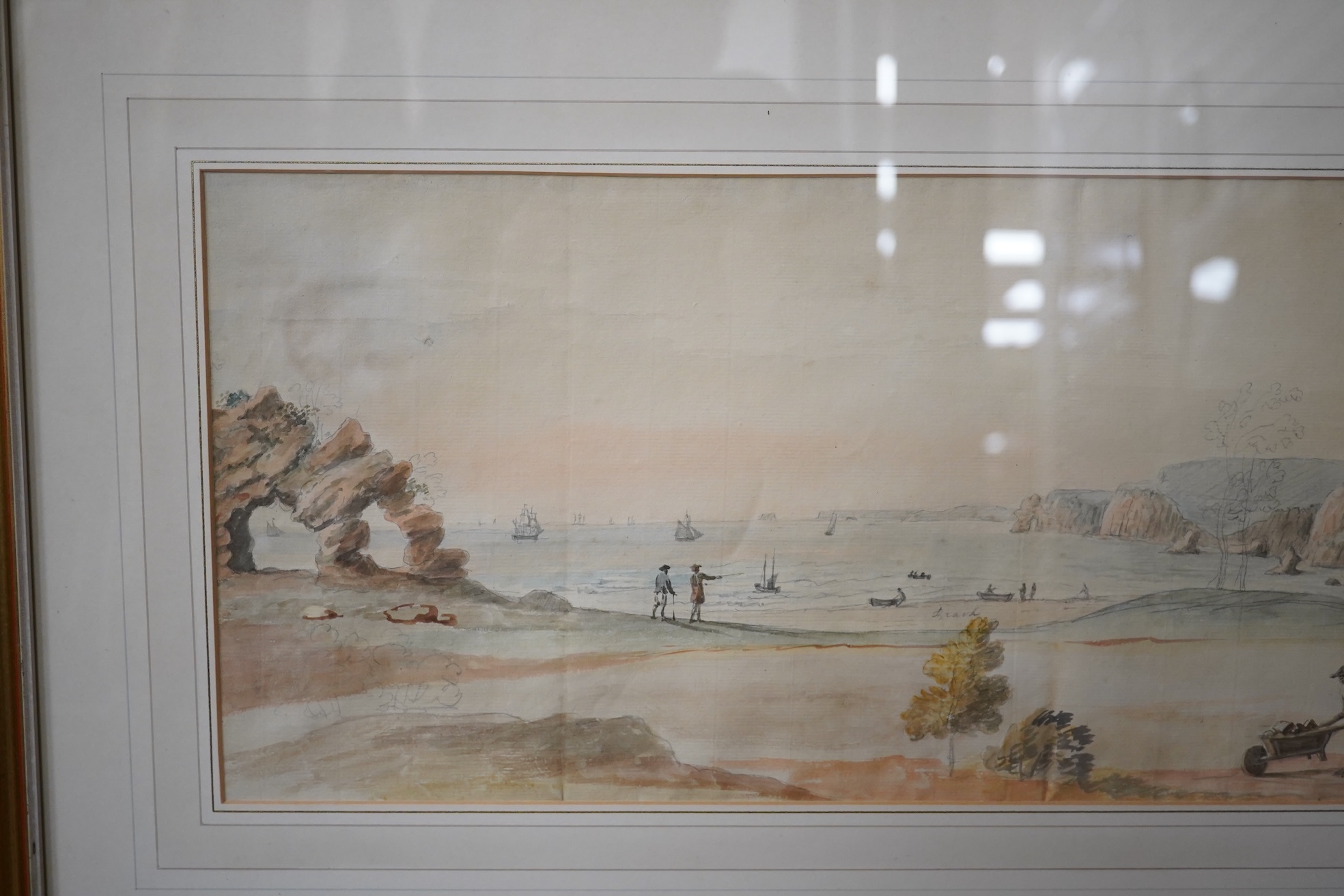 18th century, English School, ink and watercolour, Landscape with figures on beach, gardeners in the foreground, unsigned, 23 x 54cm. Condition - poor